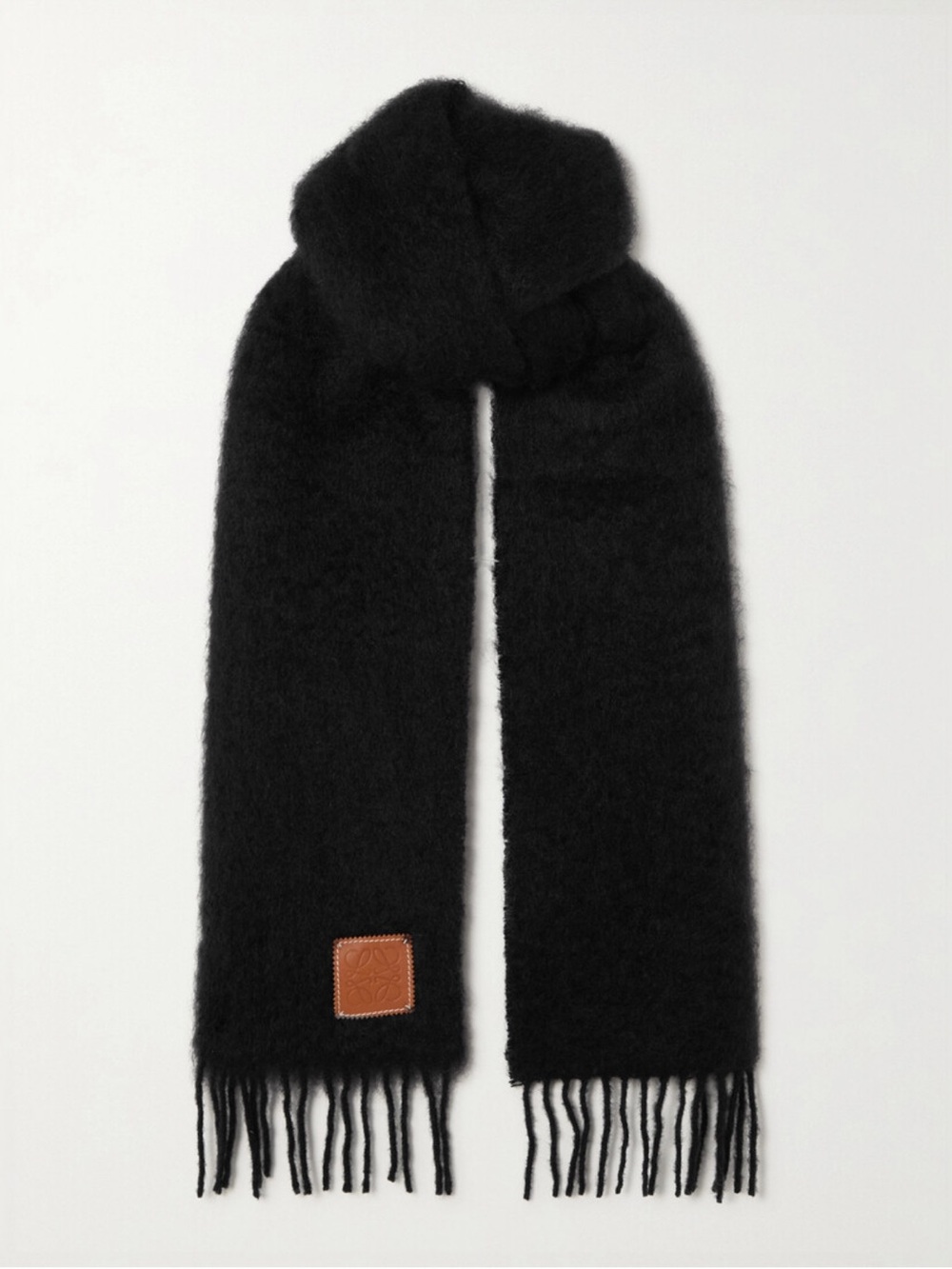 LOEWE Leather-trimmed fringed mohair-blend scarf in black